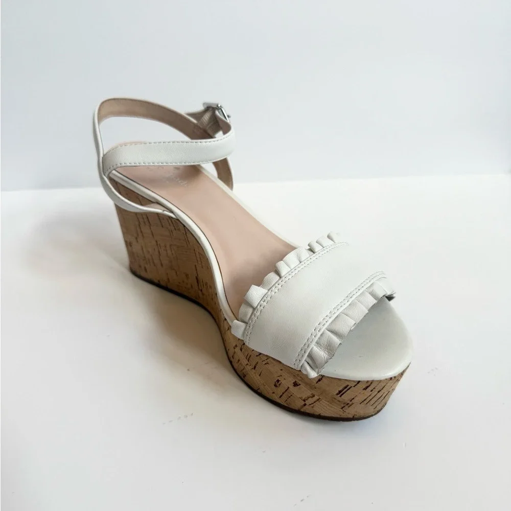 Kate Spade‎ Womens Shoes White Cork Tomas Wedge Heels  Size 9.5M  Ruffled Edge